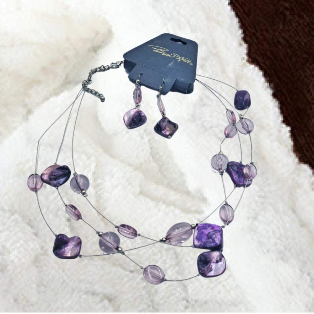 Triple Layer Amythest Color Necklace & Earrings. NWT